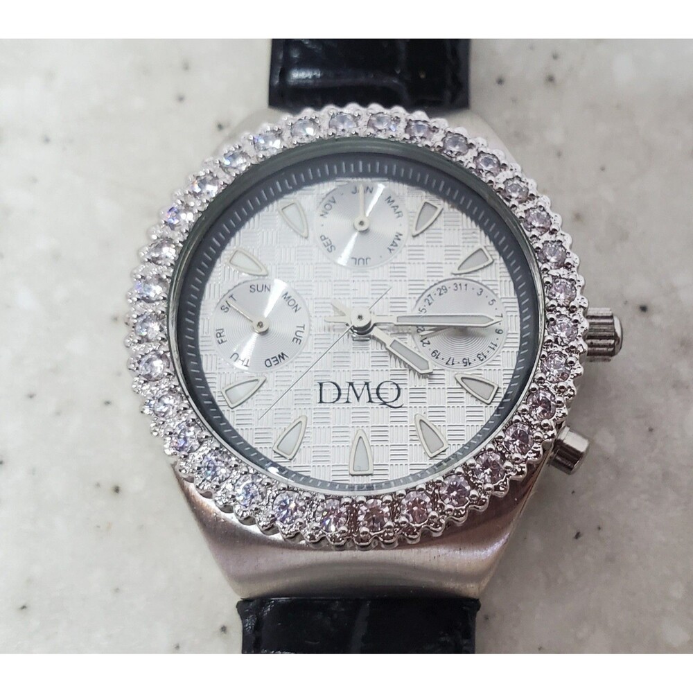 Diamonique DMQ Ladies Watch QVC Exclusive Sparkly Bezel Black Leather Band